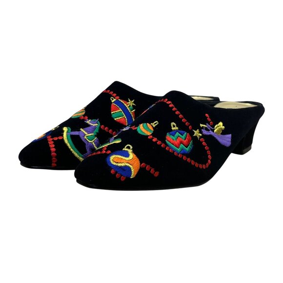 Westbound Womens Black Velvet Embroidered Holiday Ornament Mule Shoes Size 8N - Picture 1 of 9